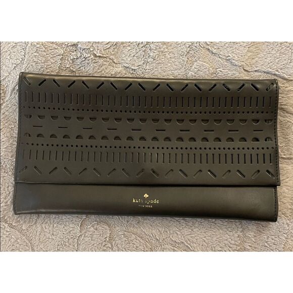 Kate Spade Perforated Leather Envelope Clutch Black Laser Cut Small Bag Preppy - Picture 3 of 14